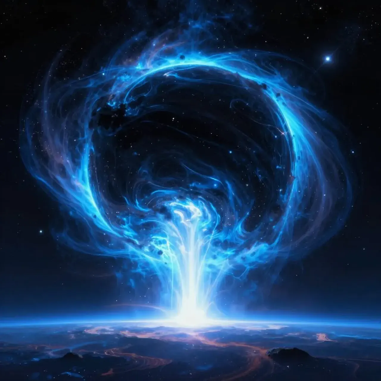 black hole seen from afar with an aura around it in a cosmic
